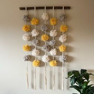 SUNSHINE | Bohemian pom-pom yellow and cream extra large macrame wall hanging
